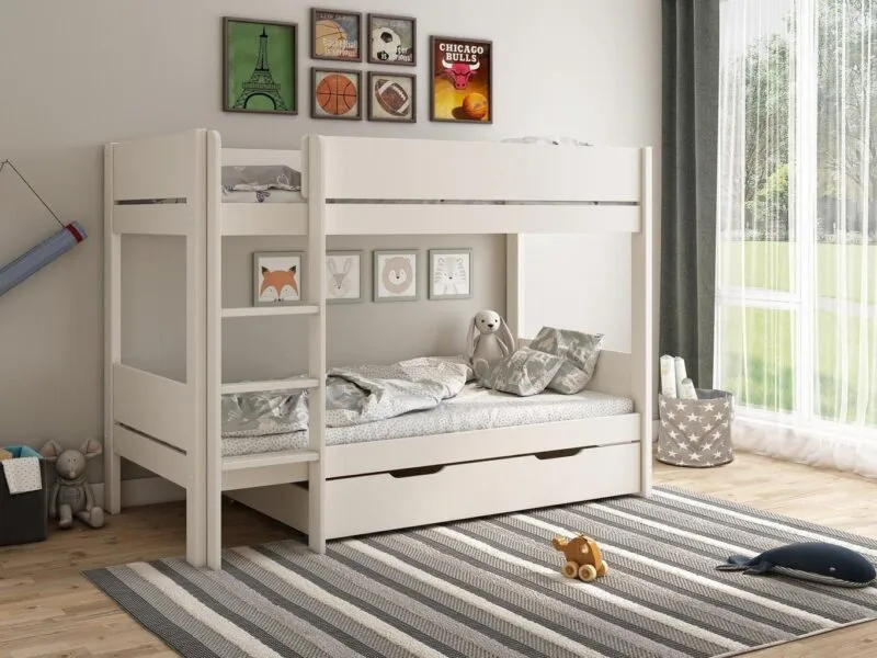 White bunk bed with fixed ladder and drawer