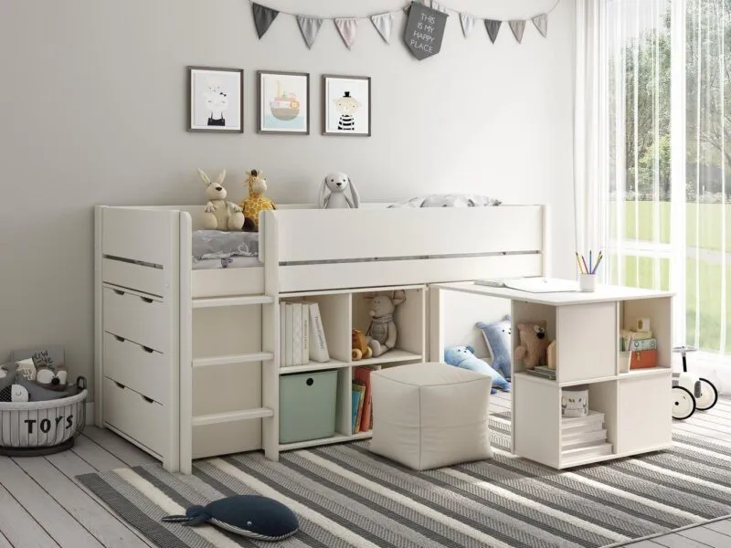 Cabin-style bed with storage and desk