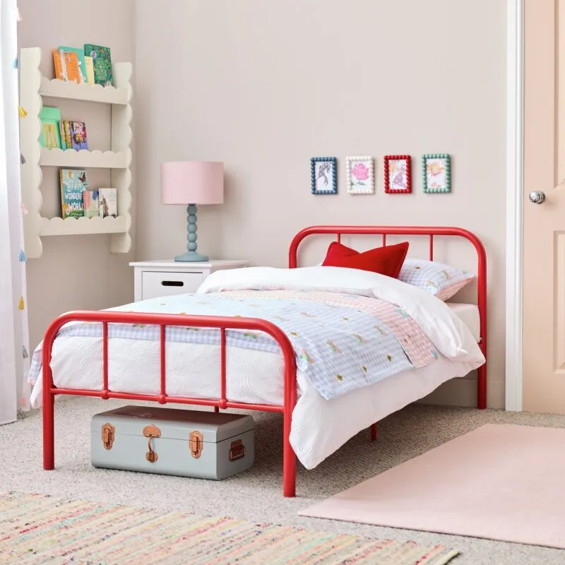 Red metal bed frame