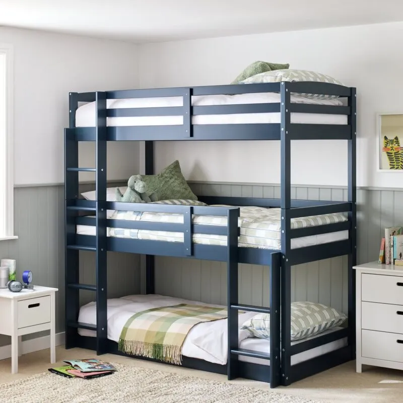 Ink blue-painted triple bunk bed frame
