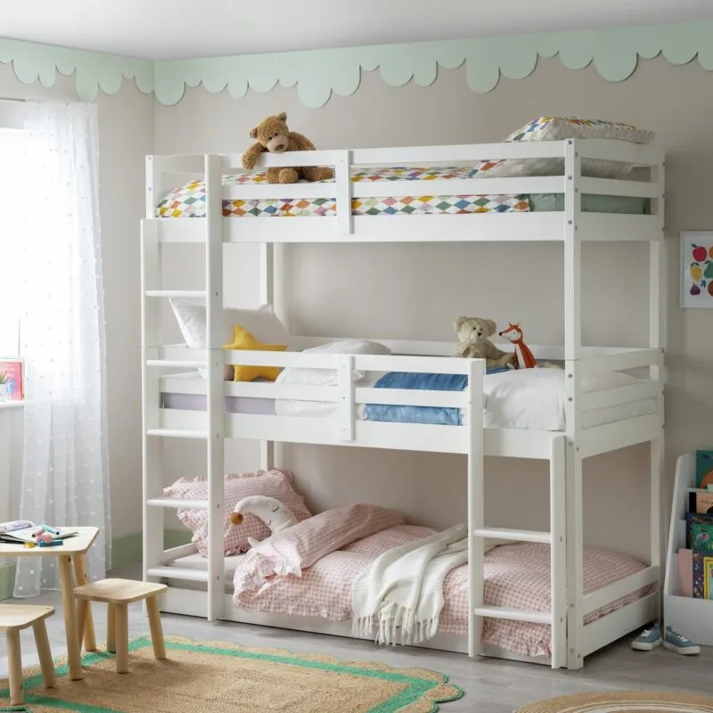White-painted triple bunk bed frame