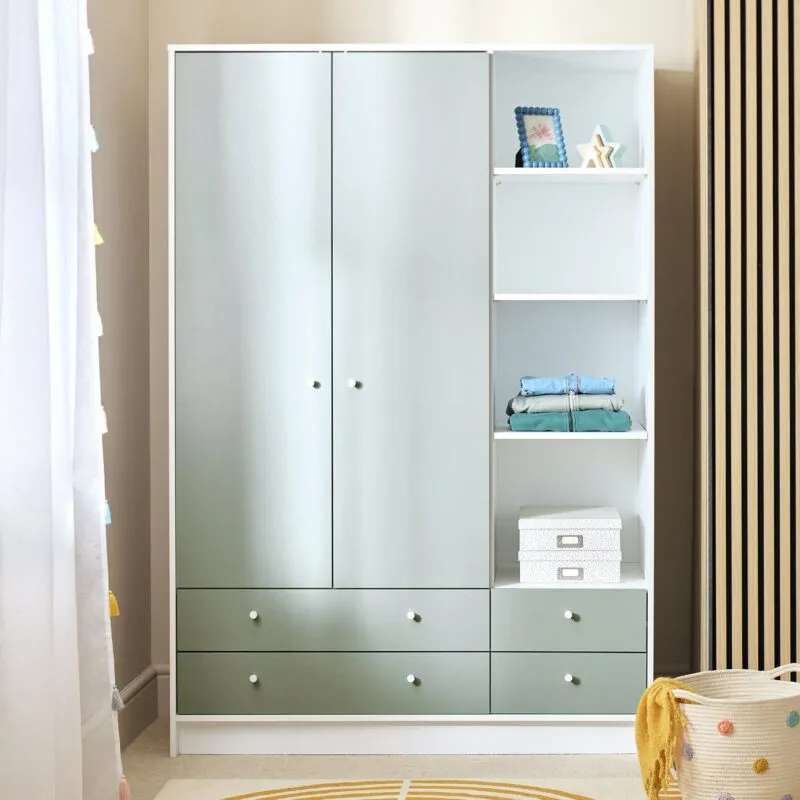 Green 2 door wardrobe with side shelving