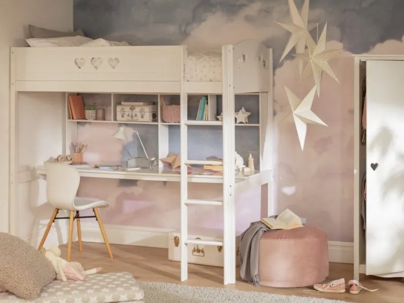 White high sleeper with fixed ladder and desk