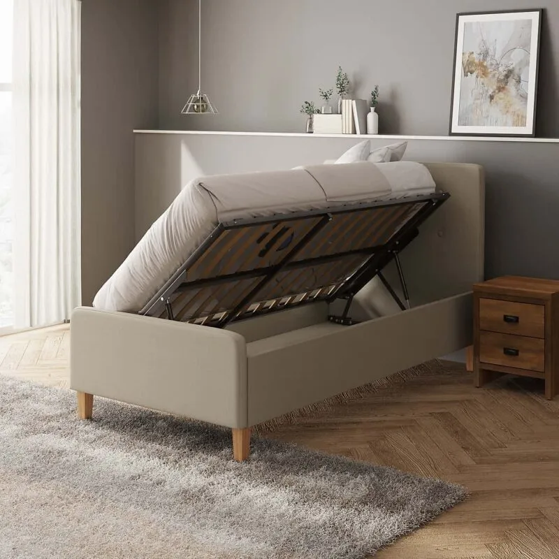Natural fabric upholstered bed with ottoman base