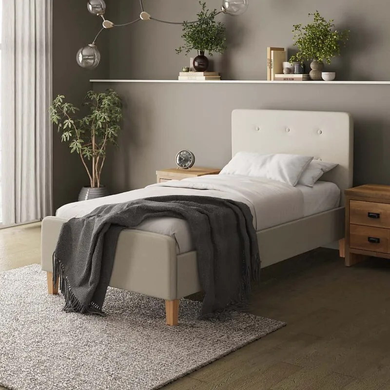 Natural fabric upholstered single bed frame