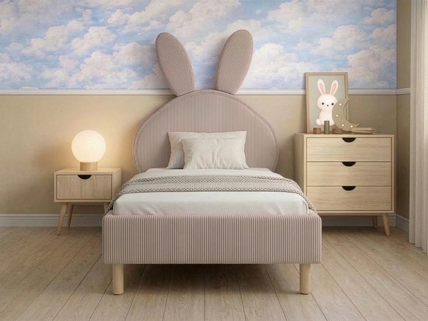 Kid's fabric bed with bunny theme headboard