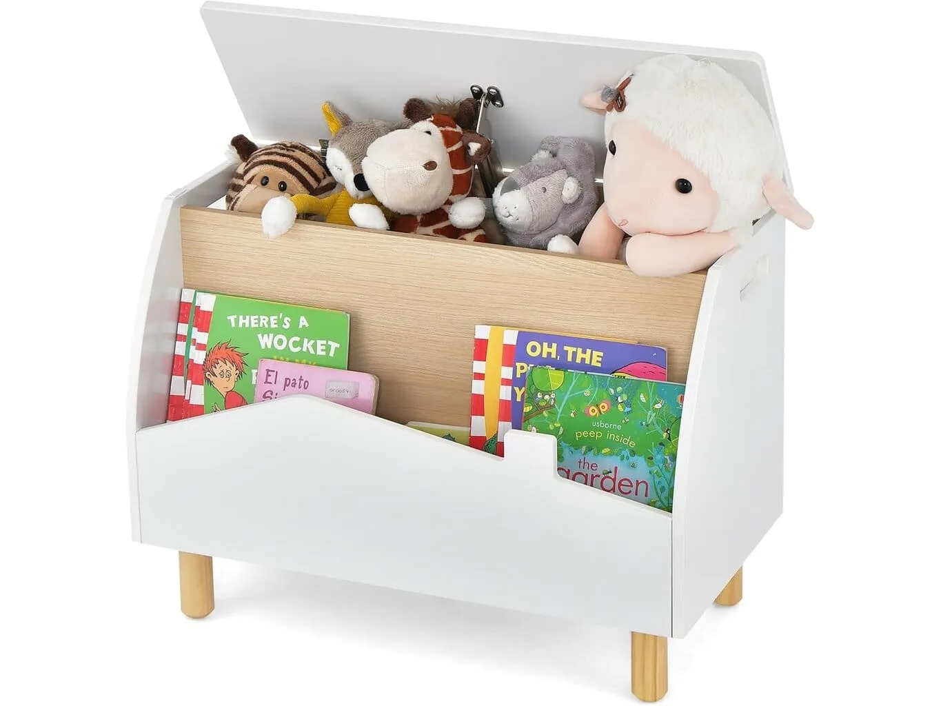 White toy storage box with open bookshelf