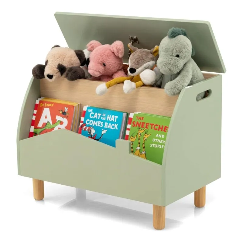 Green toy chest with open book shelf