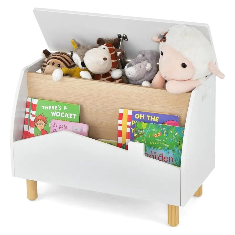 White toy chest with lid and open book shelf