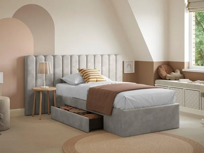 Grey velvet upholstered bed frame with extra large headboard and storage drawe