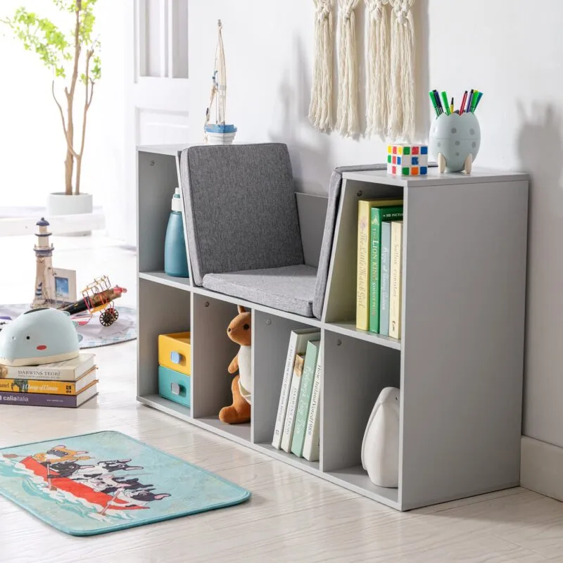 Grey reading bench and bookcase