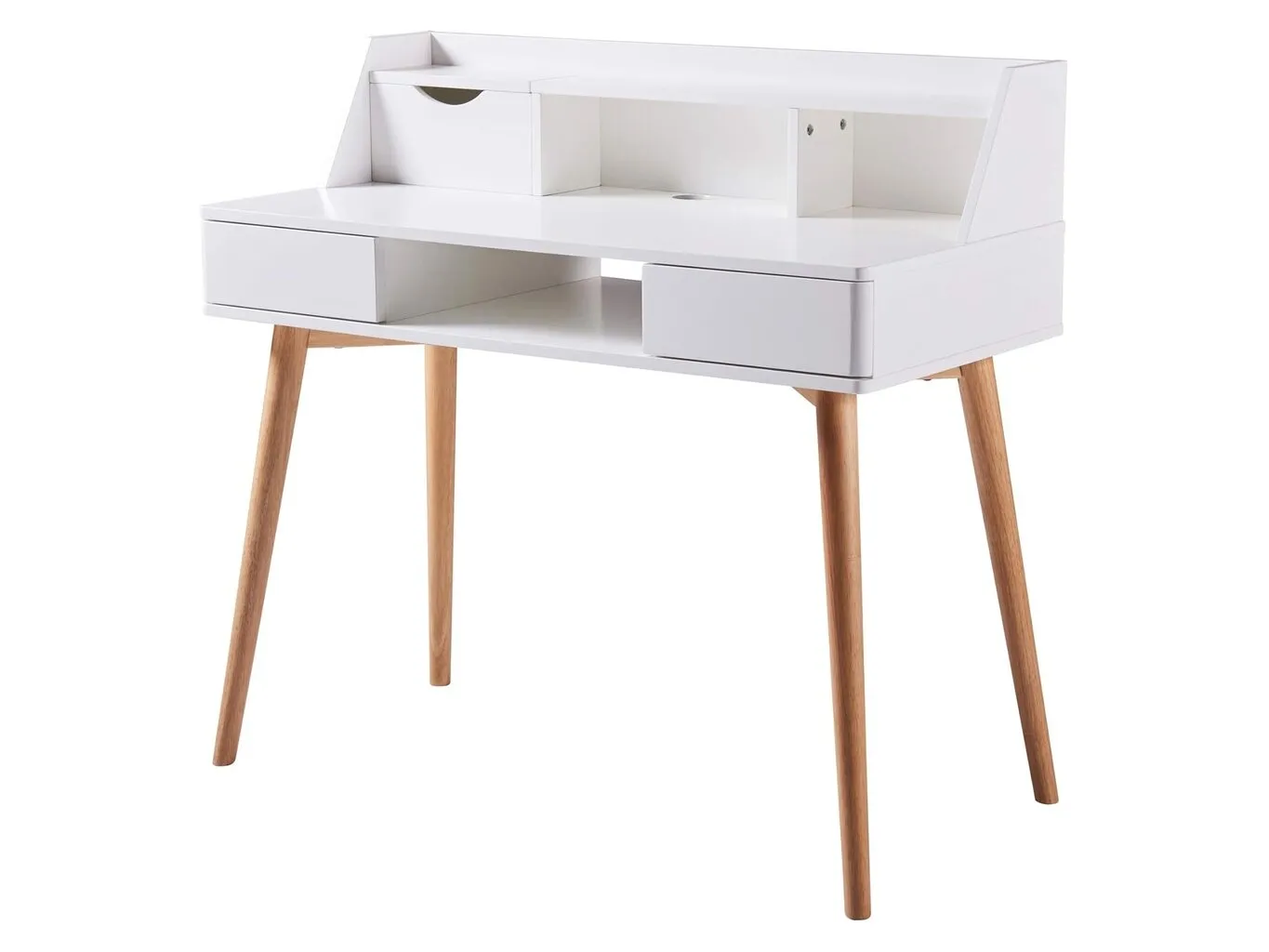 White writing desk with storage mounted on splayed natural finish legs