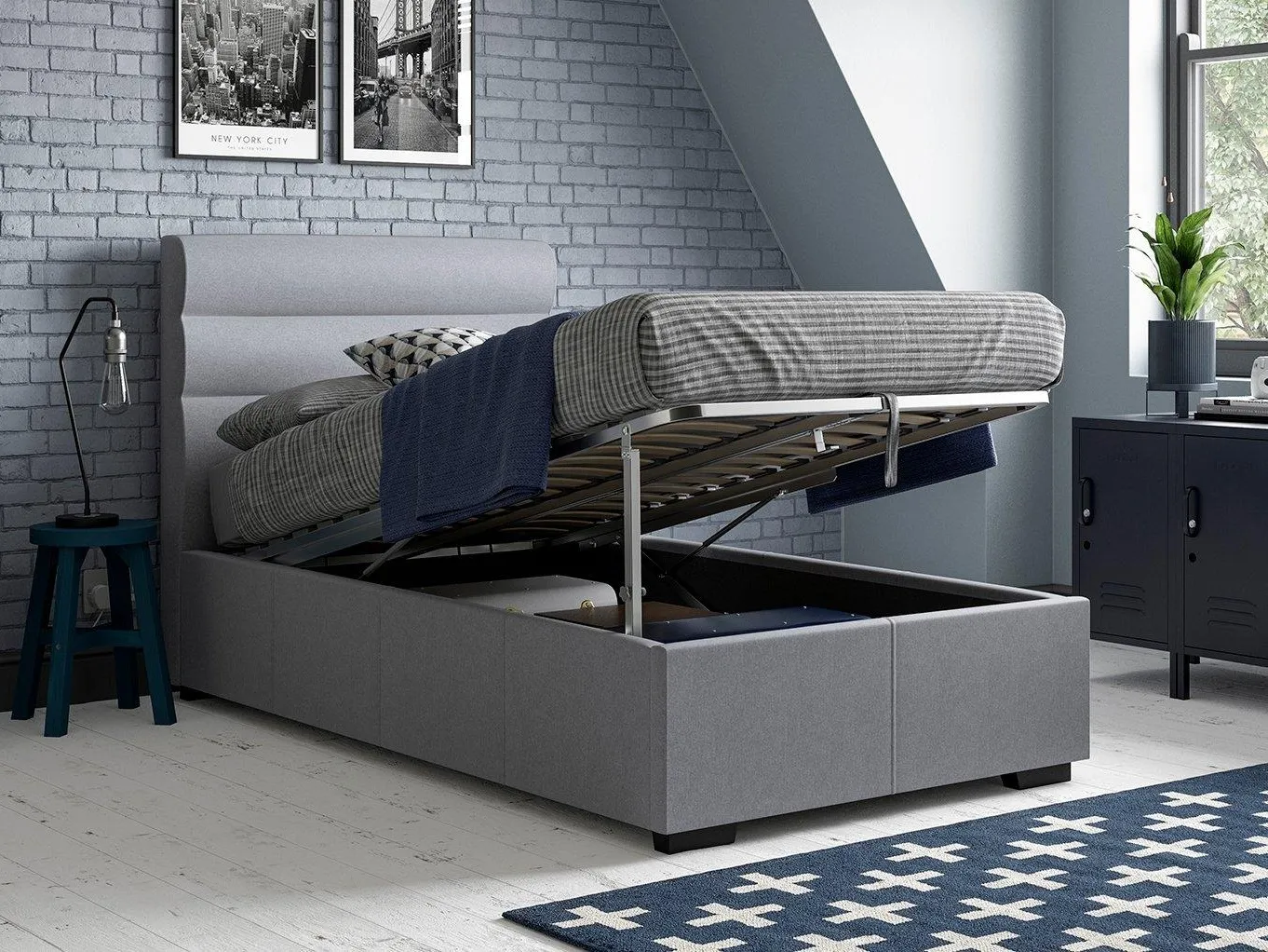 Single grey fabric ottoman bed