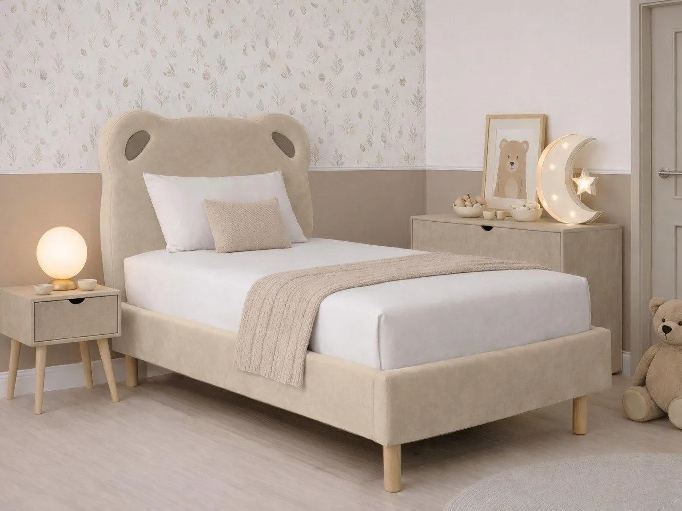 Kid's upholstered bed frame with teddy theme headboard