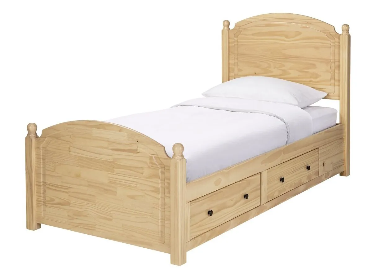 Pine bed frame with drawers in base