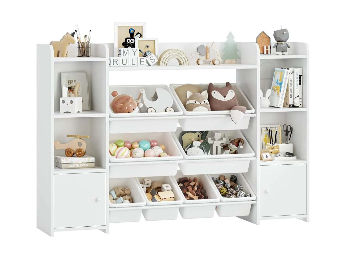 White toy storage unit with cabinets and storage bins