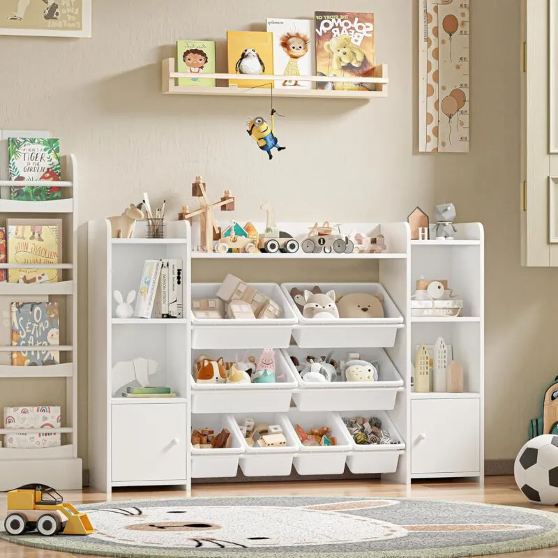 White all in one toy storage unit with a pair of cabinets and 8 storage bins