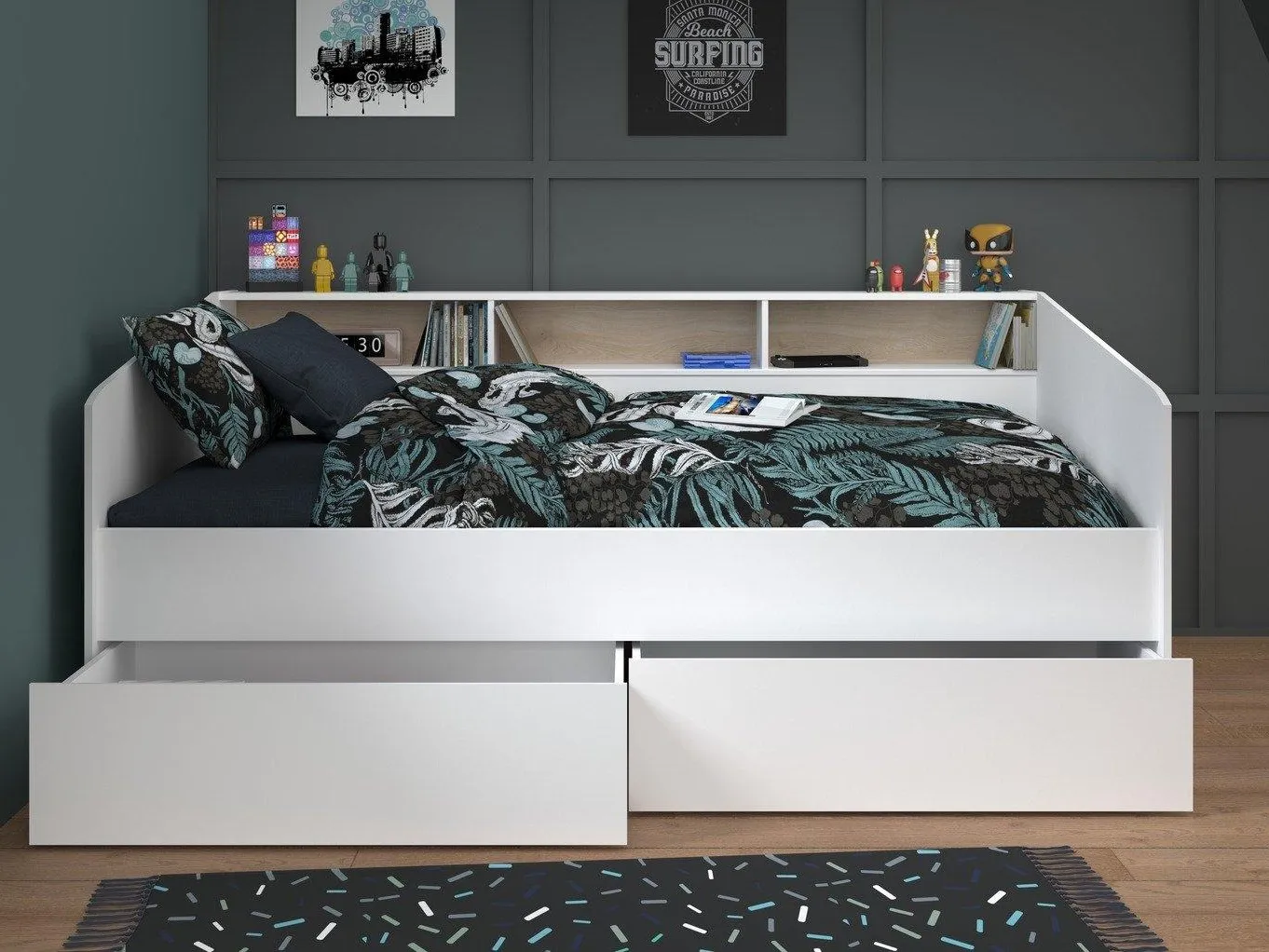 Kid's white day bed with drawers