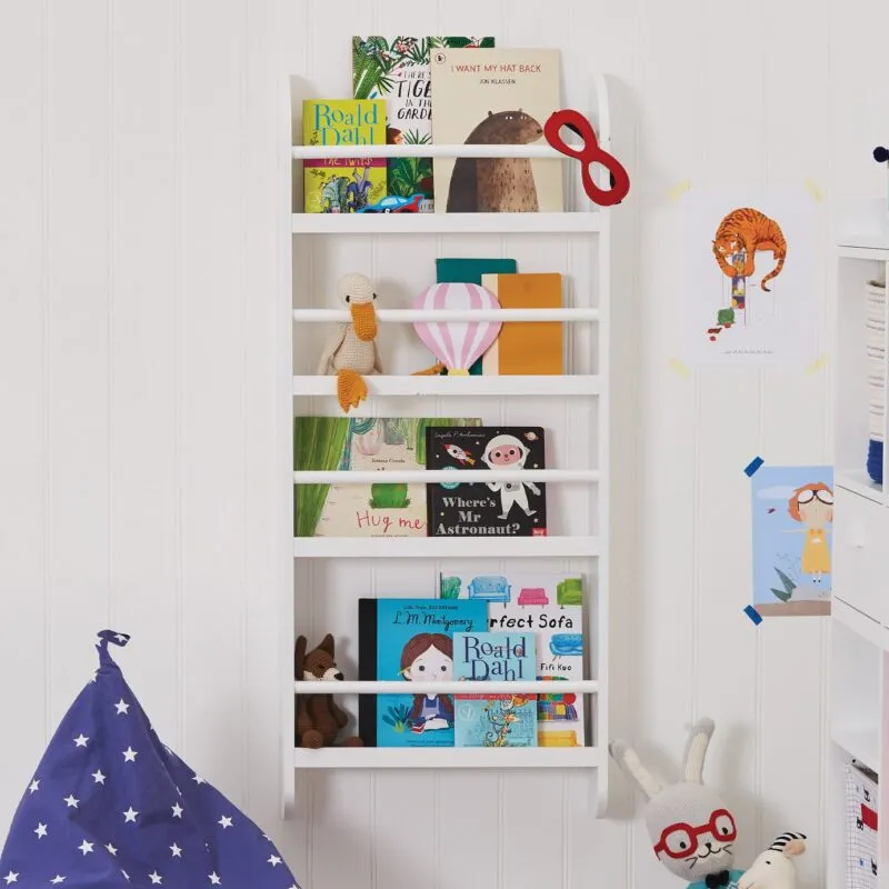 Narrow white wall-mounted bookcase