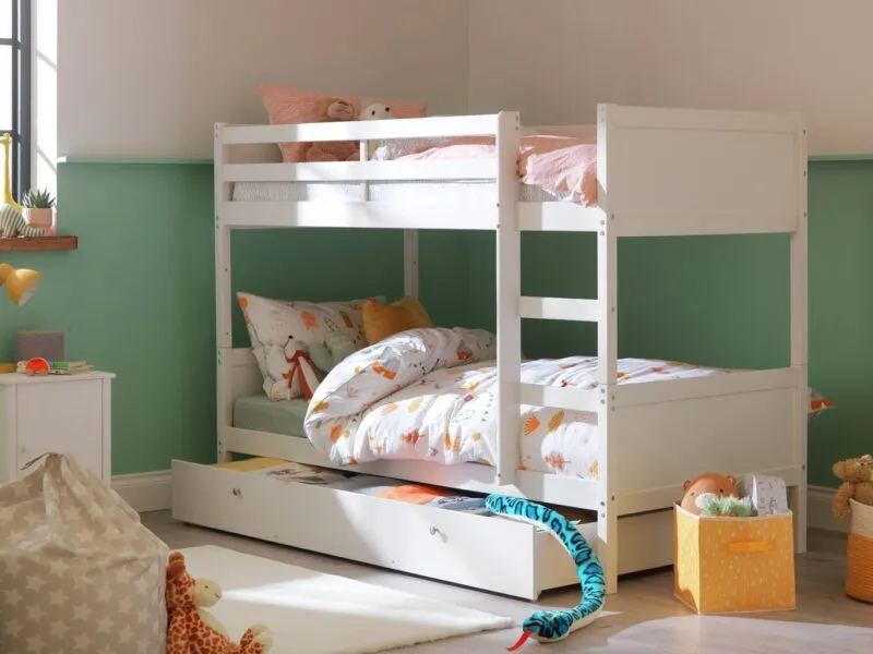 White-painted bunk beds with storage base