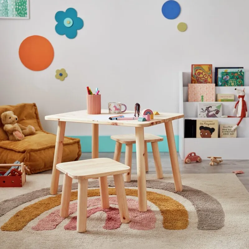 Kid's pine table and two matching chairs