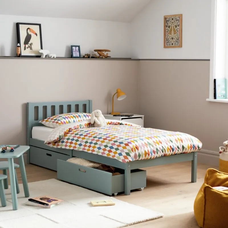 Blue bed frame with storage drawers