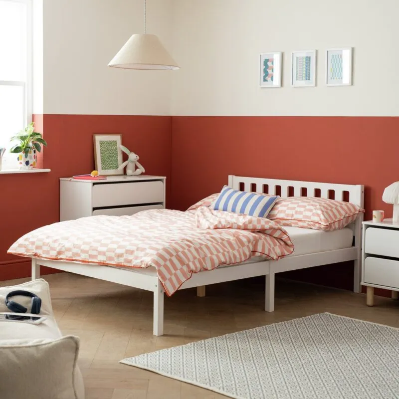 White double bed frame with cut-out slatted headboard