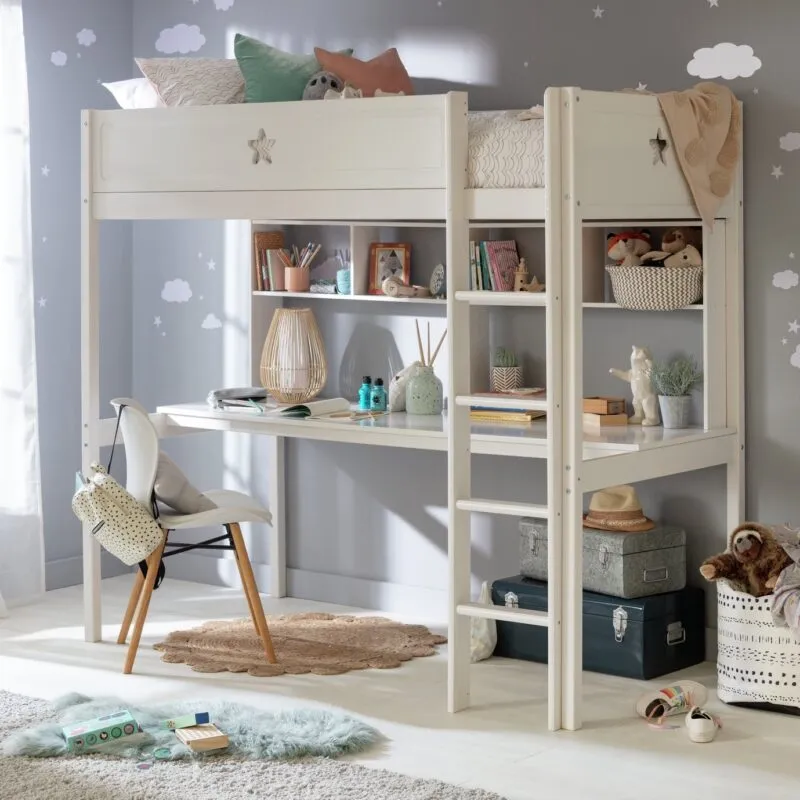 White high sleeper with desk and shelves
