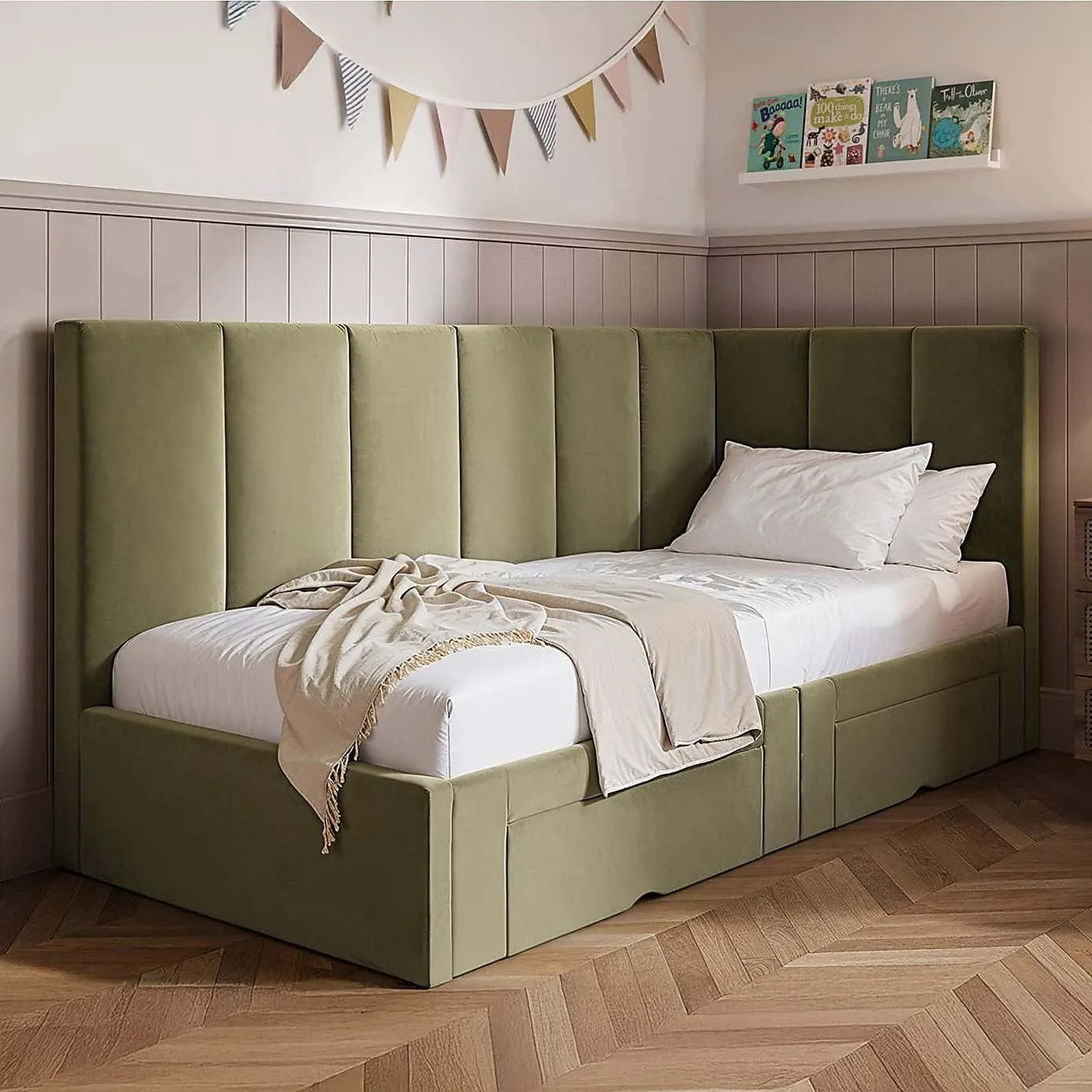 Green fabric corner bed