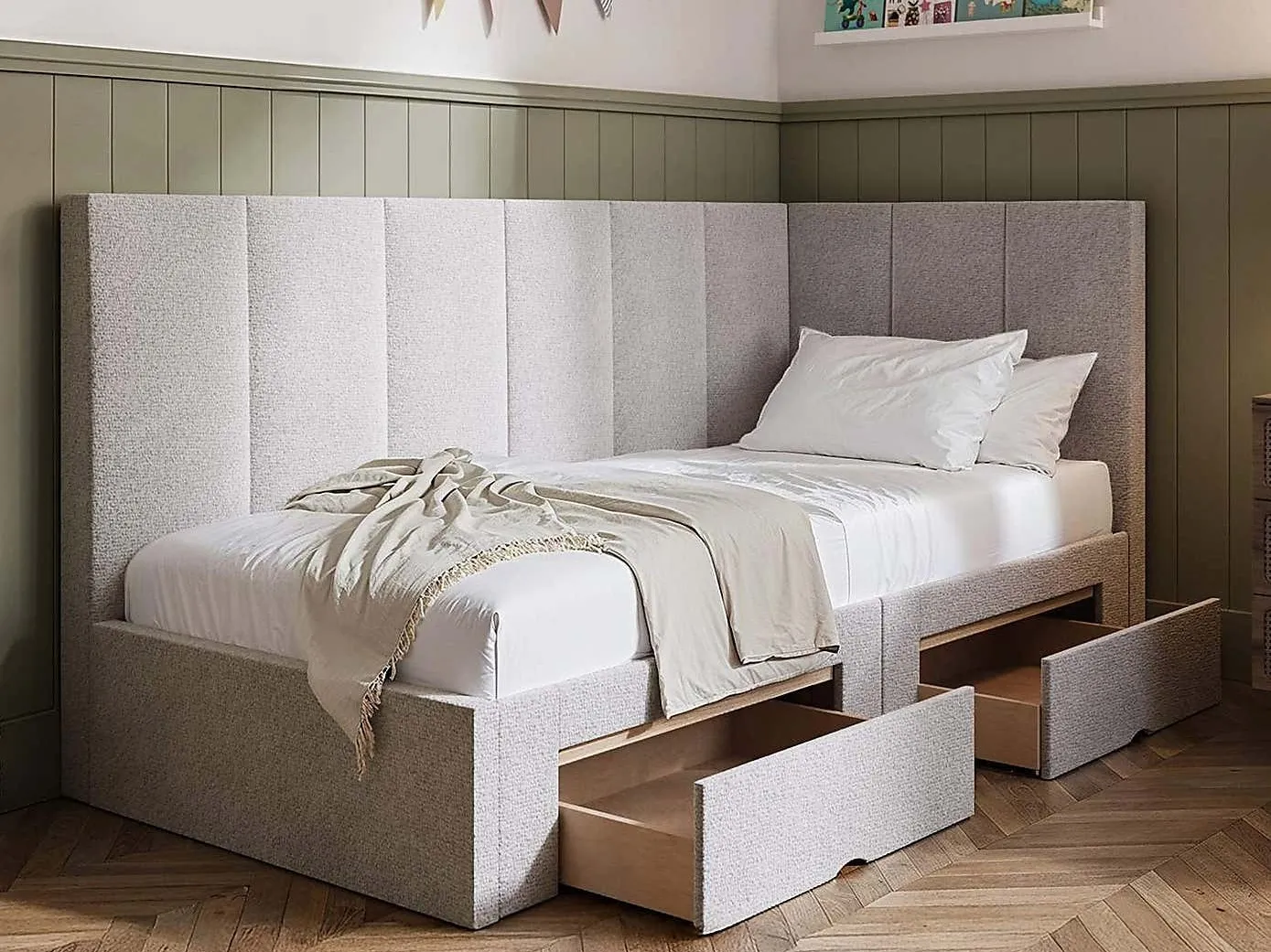 Grey corner bed with storage drawers