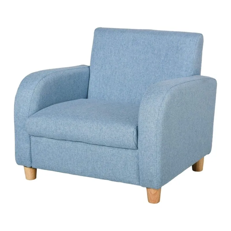 Kid’s blue fabric upholstered armchair with wooden feet