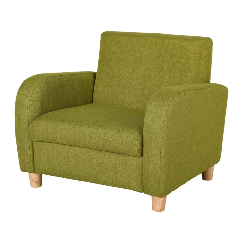 Green fabric upholstered armchair with wooden feet