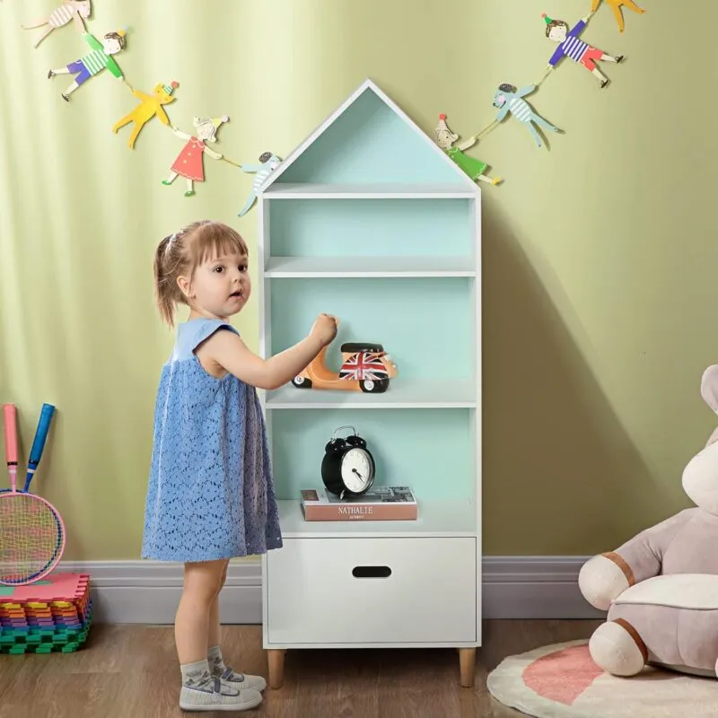 Tall white kid's bookcase 4 shelves and 1 drawer