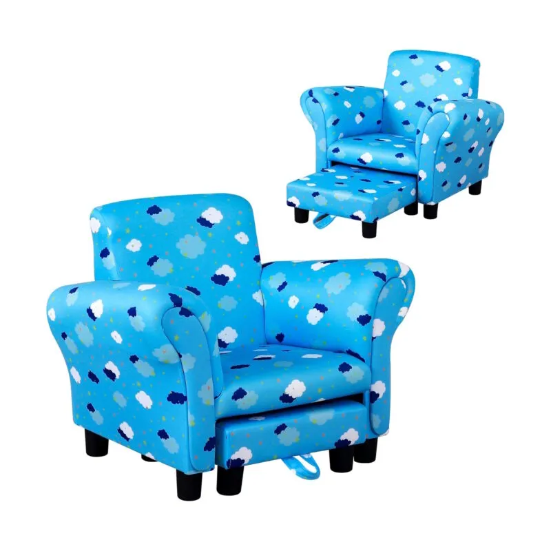 Blue fabric upholstered armchair with footrest