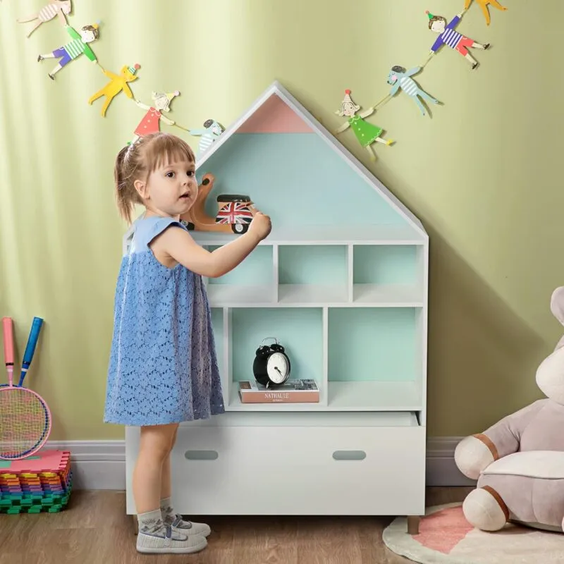 Kid's white bookcase with 8 shelves and a drawer