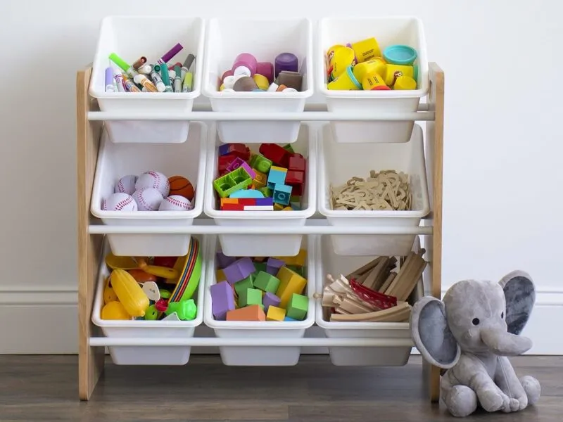 Wooden toy organiser with 9 white plastic bins