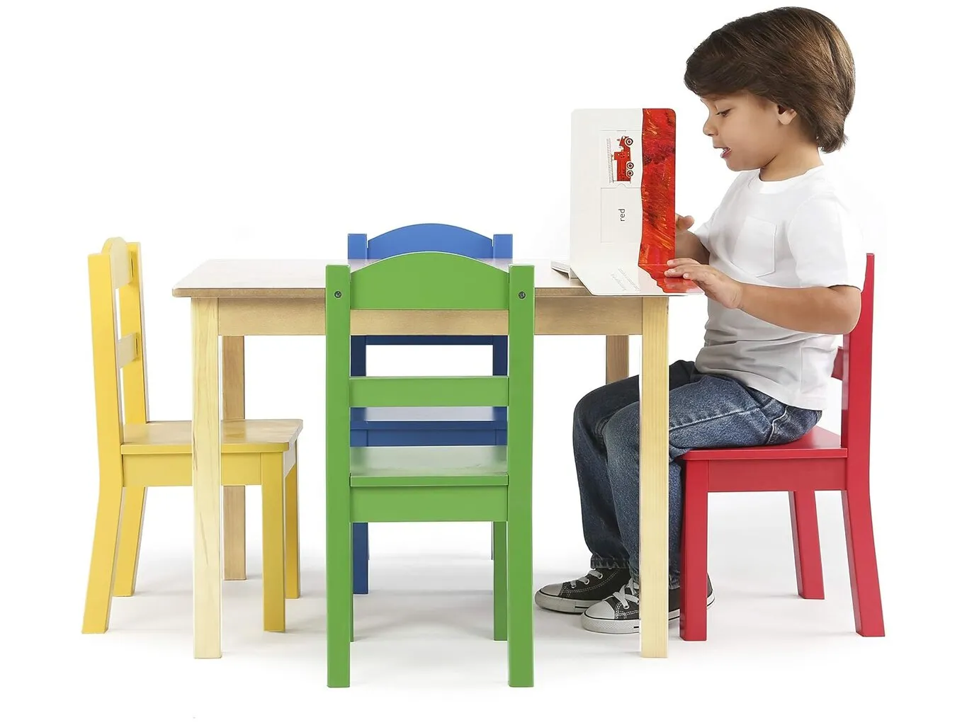 Kid's square wooden table with 4 brightly coloured chairs
