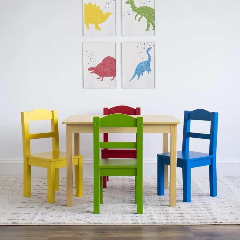 Square wooden table with 4 primary colour chairs