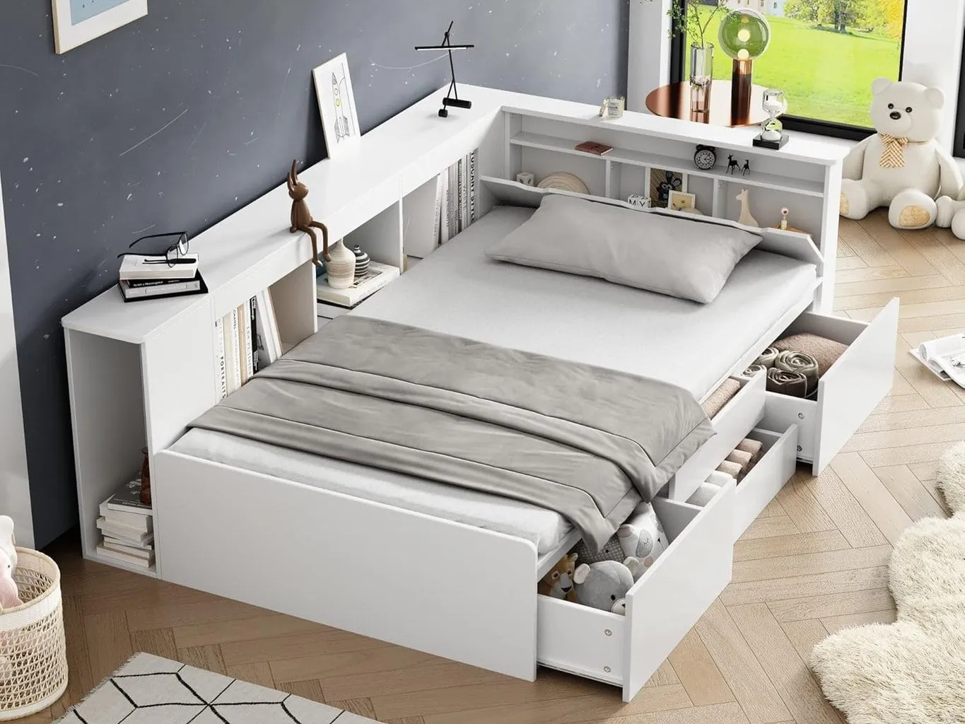 White single bed with built-in storage