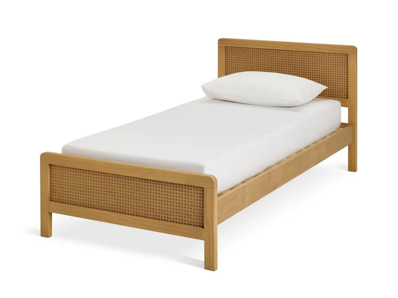 Oak finish bed frame with rattan panel head and foot board