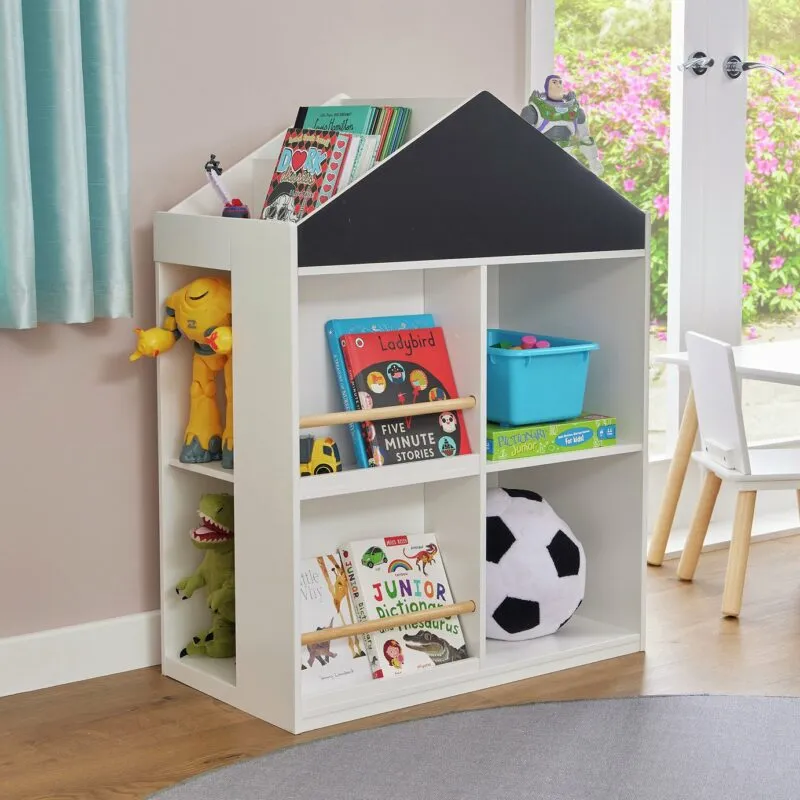 Free-standing storage unit with blackboard