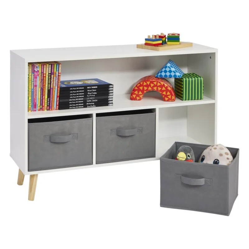 White storage unit mounted on tapered wooden legs with 3 storage boxes