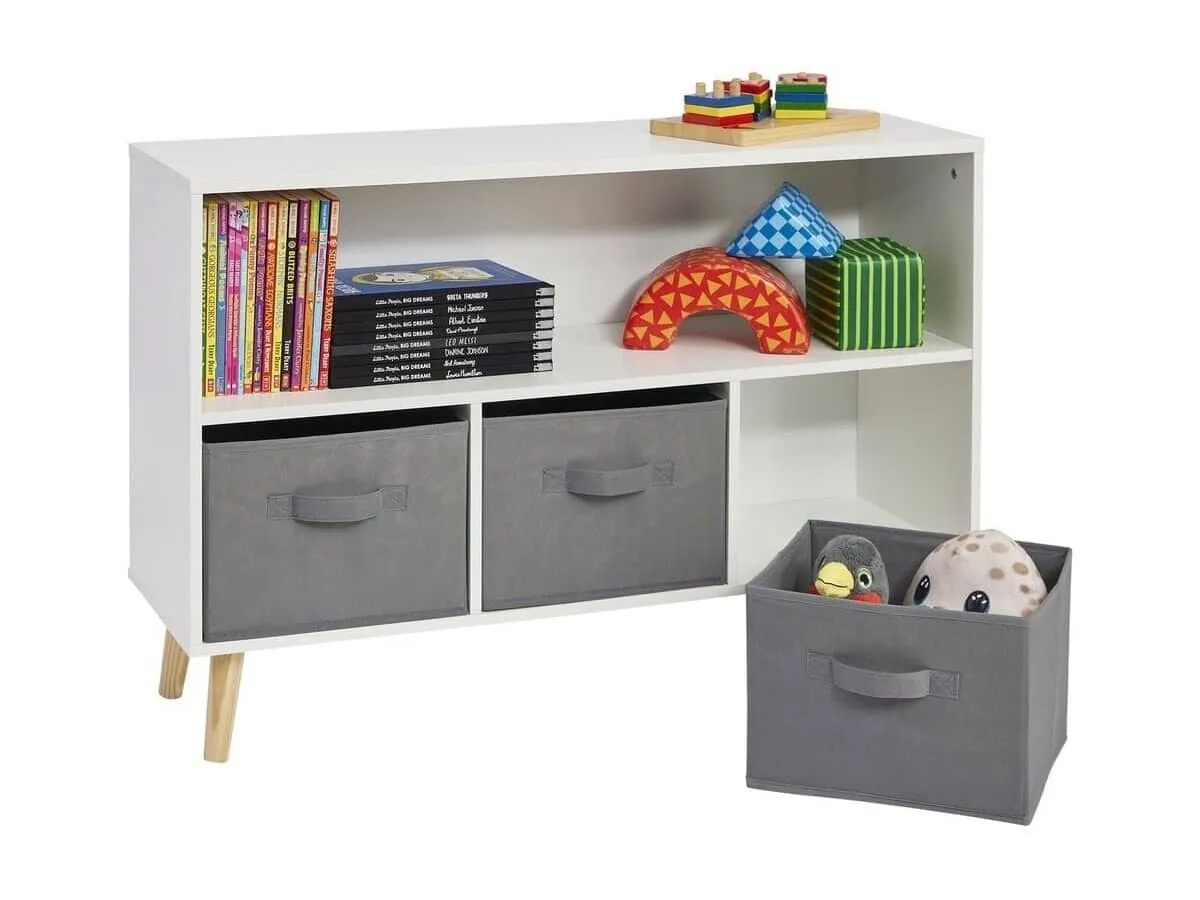 White storage unit mounted on tapered wooden legs with 3 storage boxes