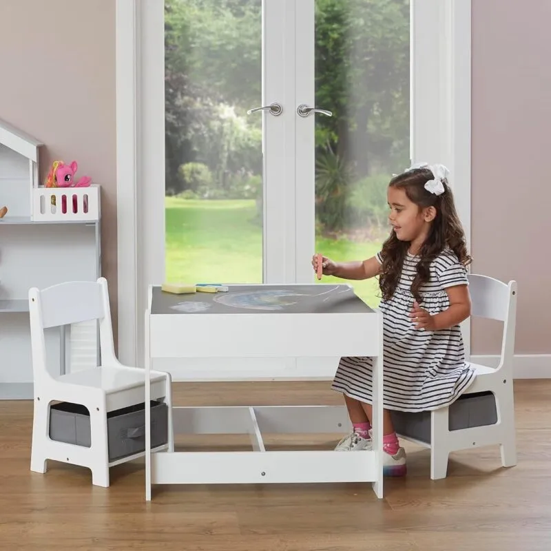 Kid's white play table set with hidden storage and 2 chairs with storage bins 