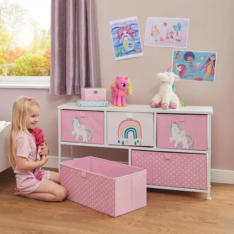 Kid's pink and white unicorn themed 5-drawer unit