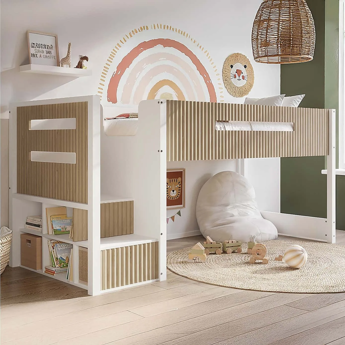 White midsleeper bed with oak trim