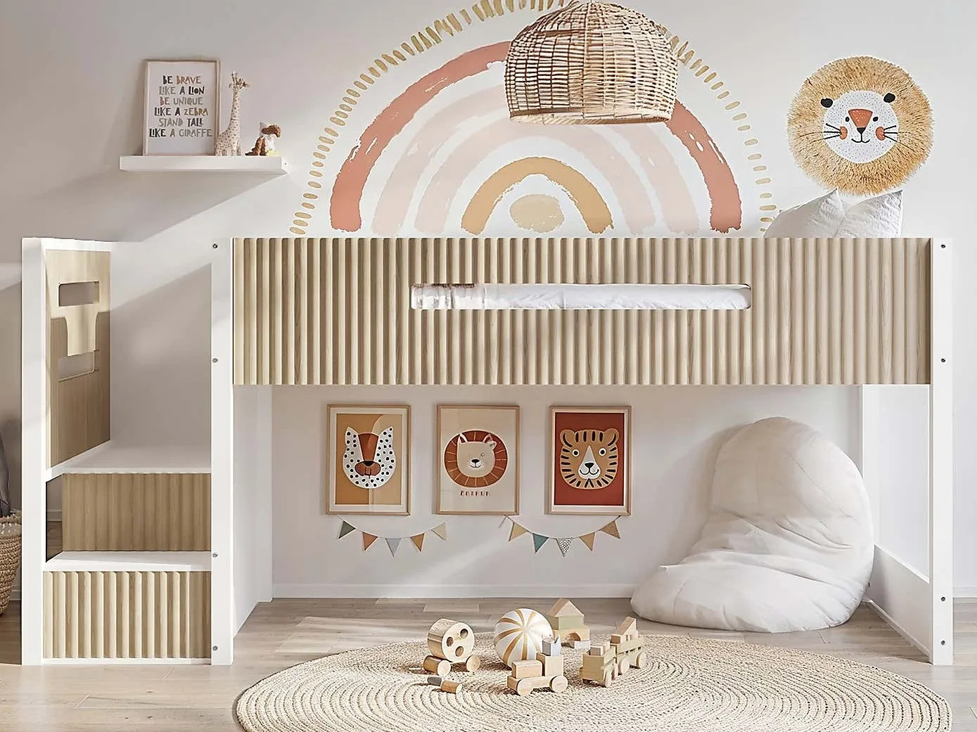 Kid's white midsleeper with oak trim