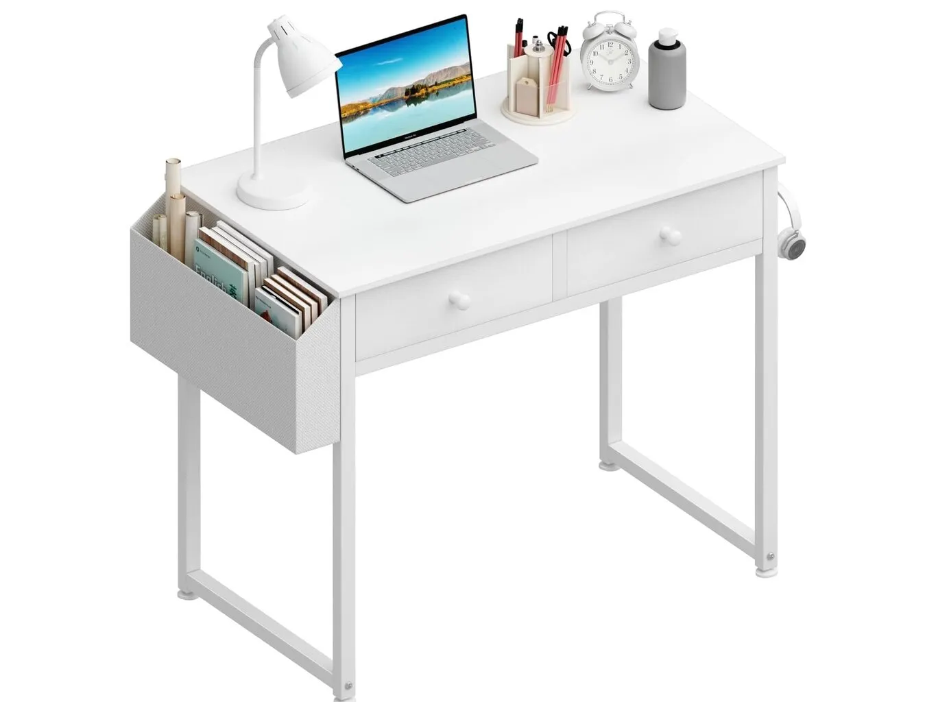 White study desk with two drawers and additional storage