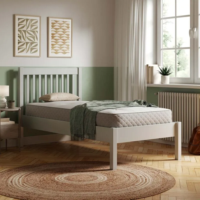 Grey-painted single bed frame