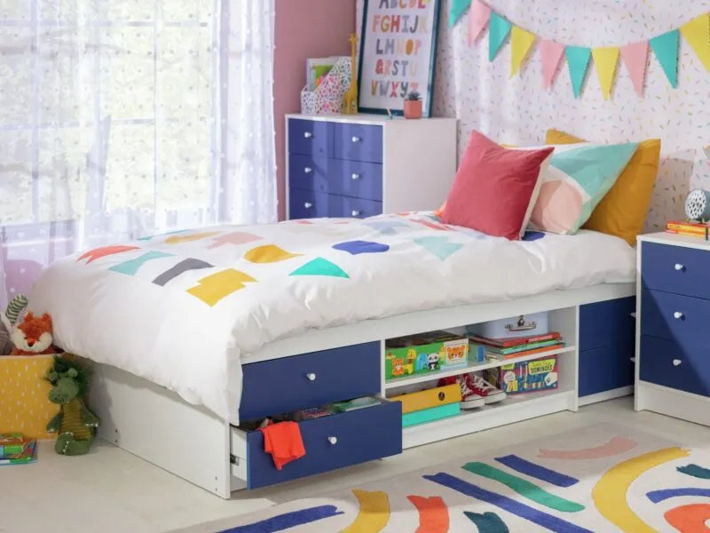 Blue and white cabin bed